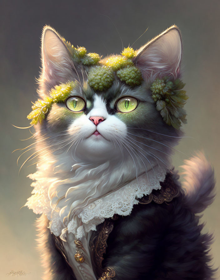 Detailed illustration of a regal cat with green eyes in floral crown and vintage attire