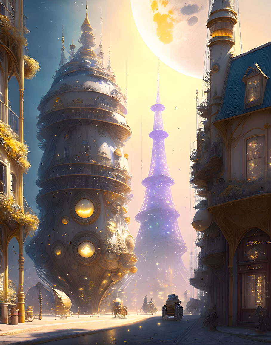 Fantastical city scene: ornate towers, glowing moon, golden light, solitary figure on motor