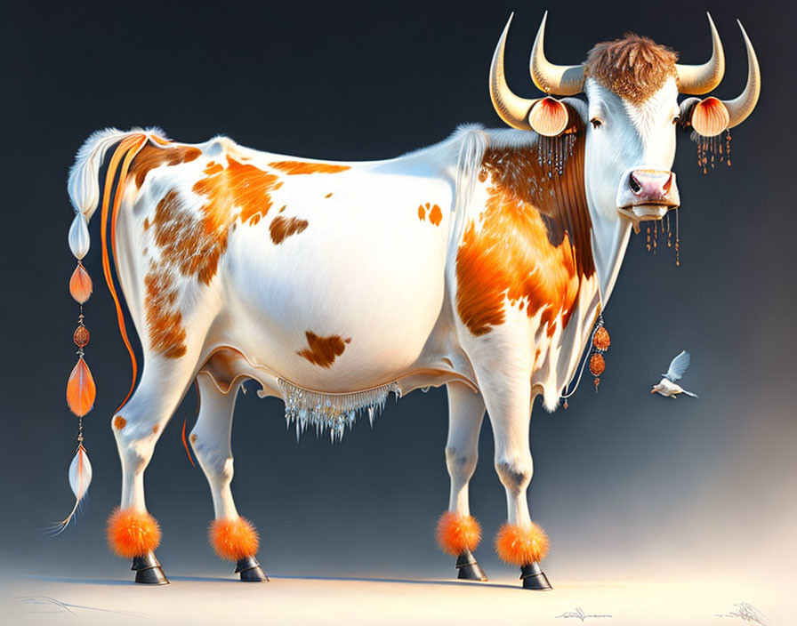 Whimsical cow illustration with unique accessories