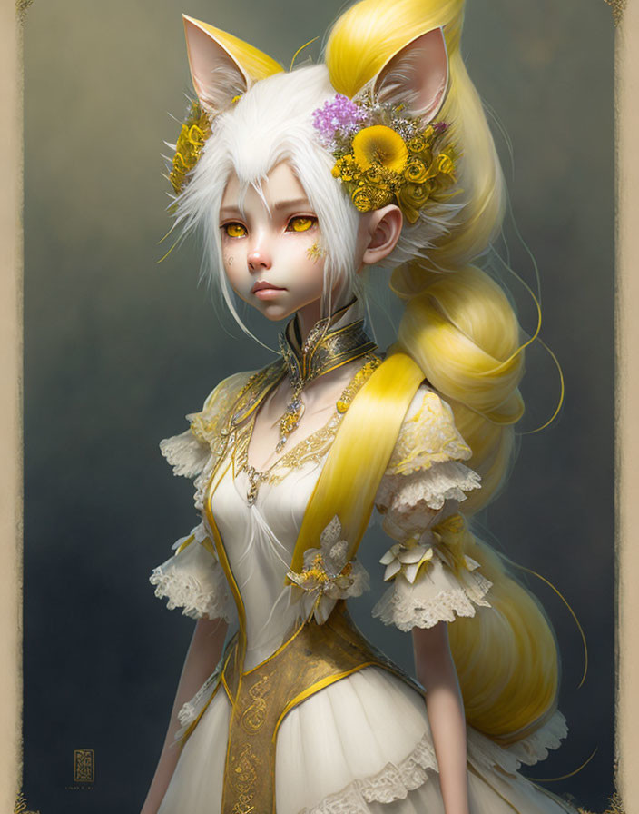 Illustration of character with white fox ears and golden hair in intricate yellow attire