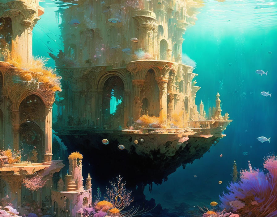 Colorful underwater fantasy scene with floating castle and coral reef