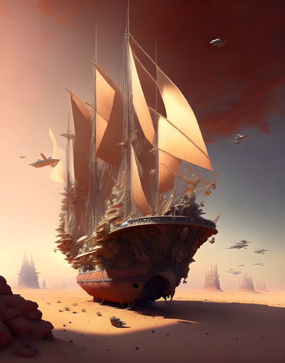 Flying ship with billowing sails over futuristic desert landscape