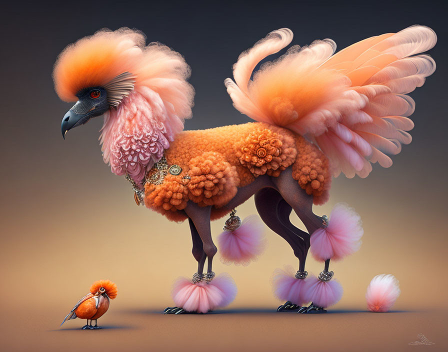 Bird-headed creature with orange fur, wings, and fluffy legs next to a small bird