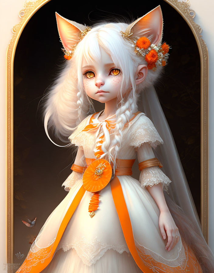 Fantasy illustration of girl with feline ears and orange eyes in white and orange dress