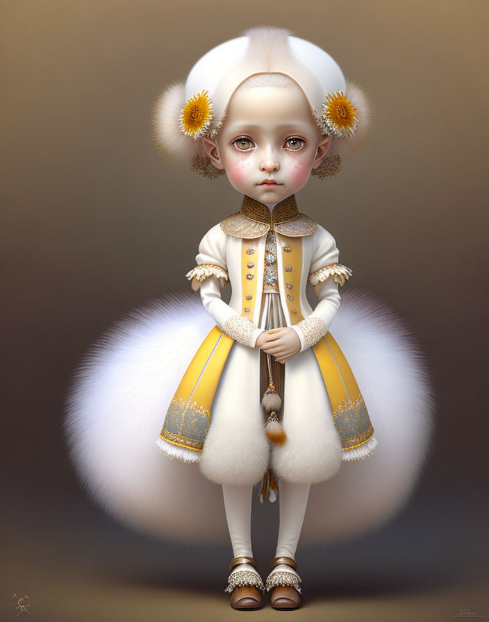 Digital artwork: Doll-like character in yellow and white vintage dress