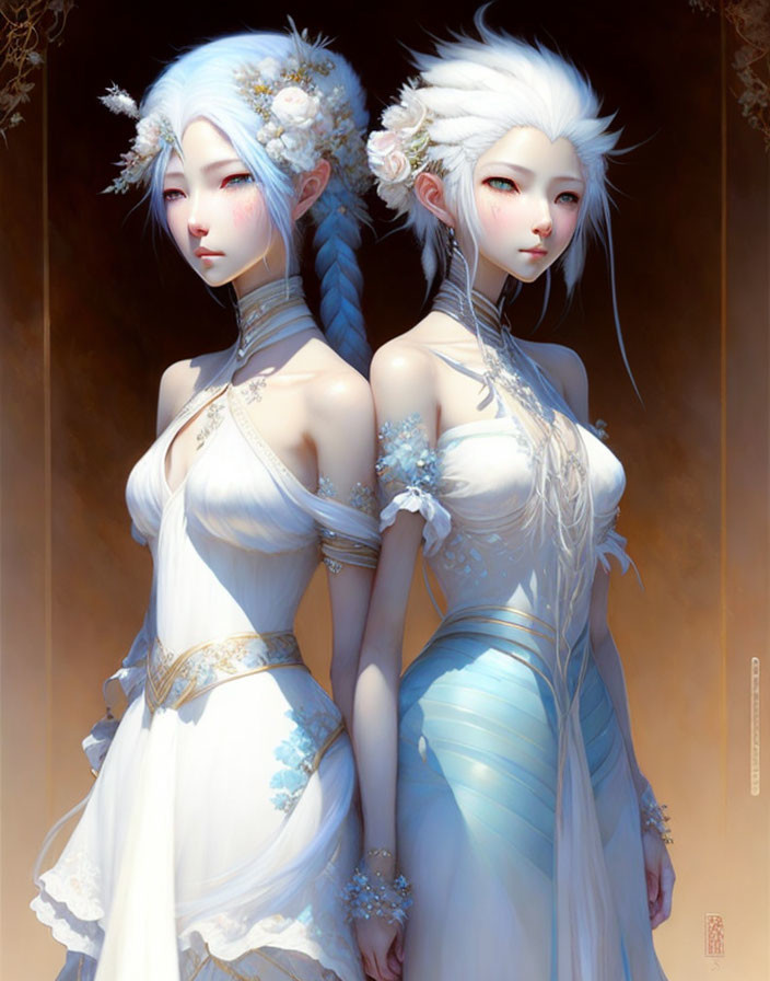 Ethereal animated characters with pale skin and white-blue hair in elegant dresses