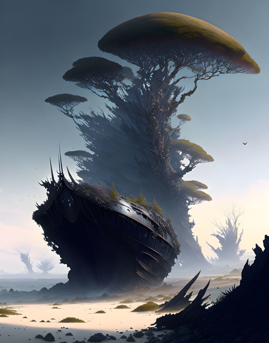 Giant mushroom tree in foggy landscape with shipwreck