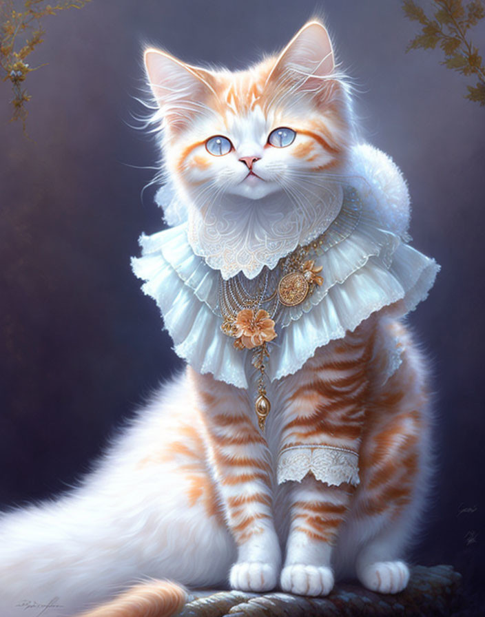 Fluffy orange and white cat with blue eyes in elegant collar.