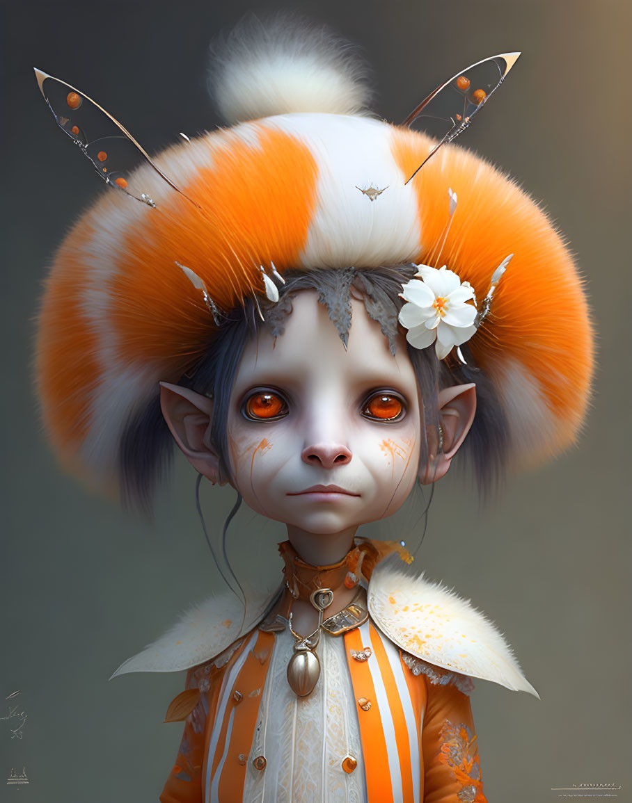 Fantastical creature with large orange and white tufted ears and whimsical headdress