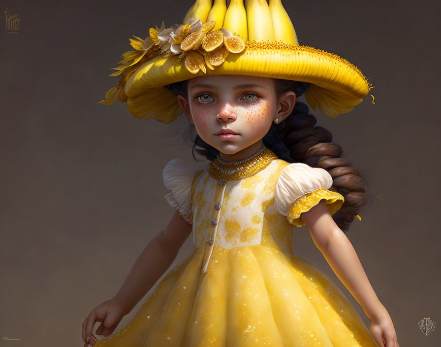 Whimsical portrait of a young girl with banana and sunflower hat