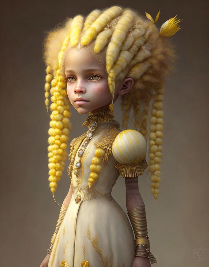 Digital painting of girl with yellow braided hair and vintage beige dress.