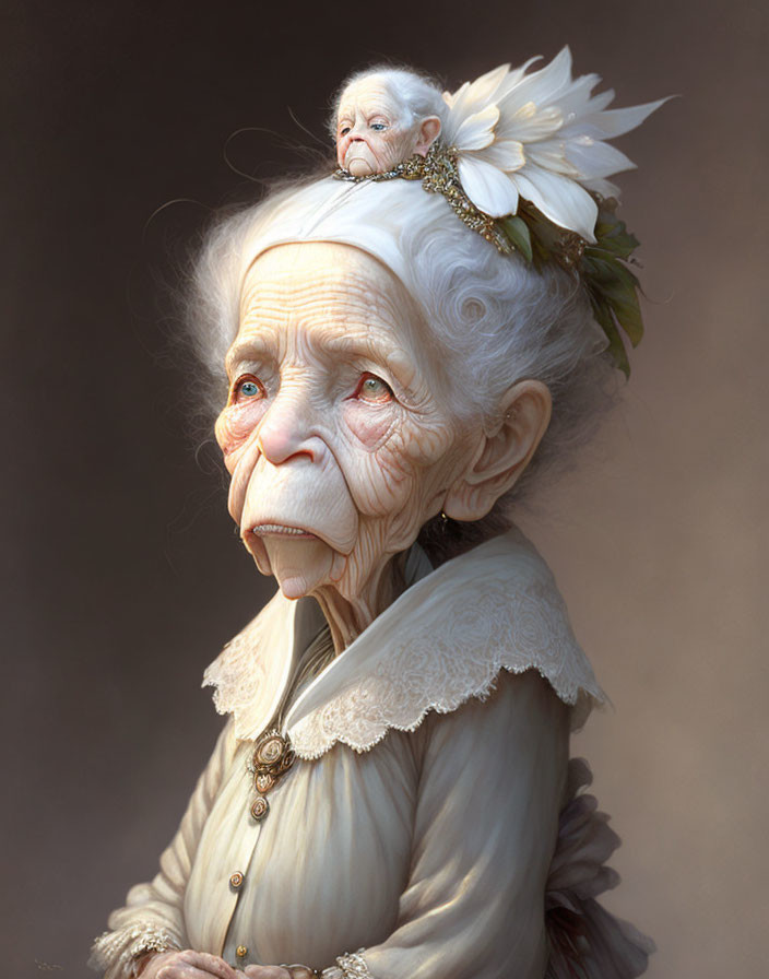 Elderly woman with fairy creature wearing white flowers and vintage clothes.