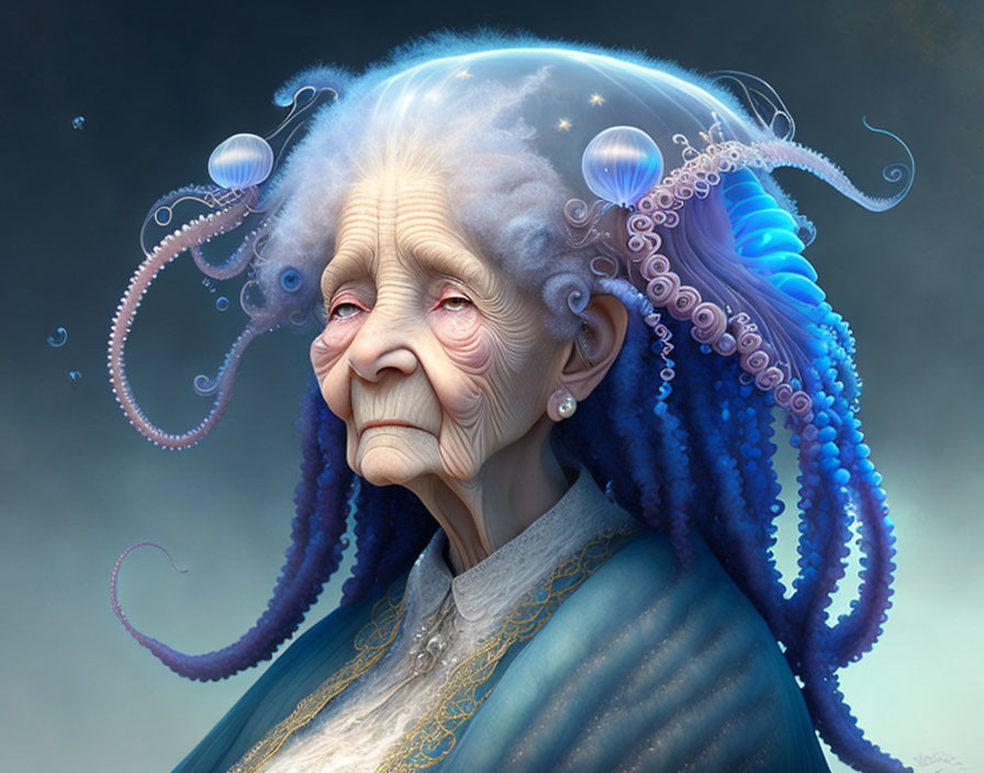 Elderly woman with serene expression and vibrant octopus tentacles