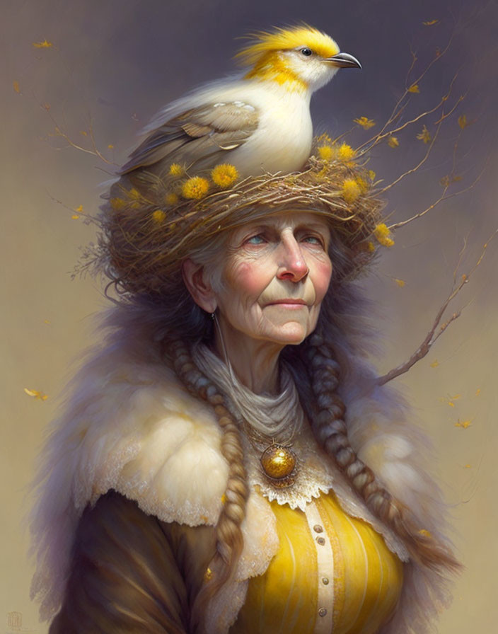 Elderly woman in yellow dress and fur coat with bird and nest on head