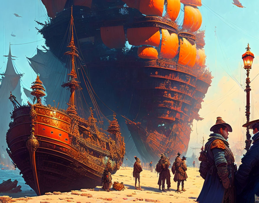 Large ship floating above ground supported by orange balloons, set in a fantastical scene with period-dressed