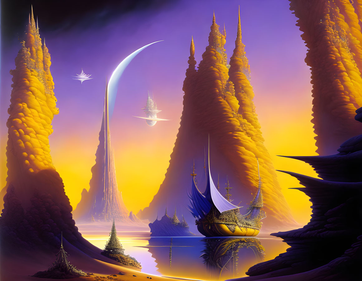 Majestic surreal landscape with towering spires and reflective waterway