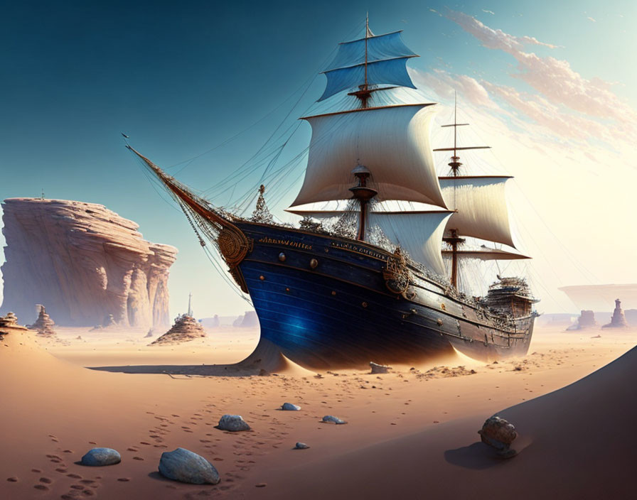 Vintage sailing ship stranded in desert landscape with full sails.