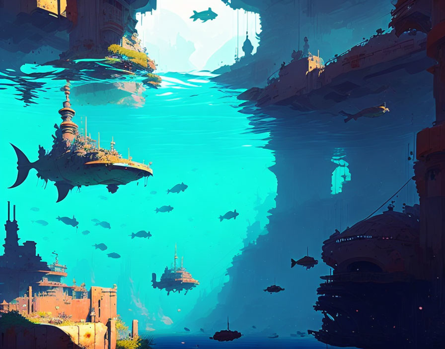 Vibrant underwater cityscape with marine life and floating structures