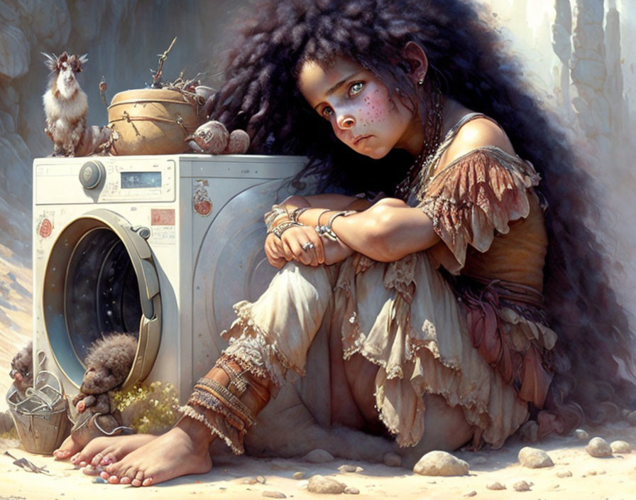 Fantasy illustration: Girl in tribal attire with whimsical creatures by modern washing machine