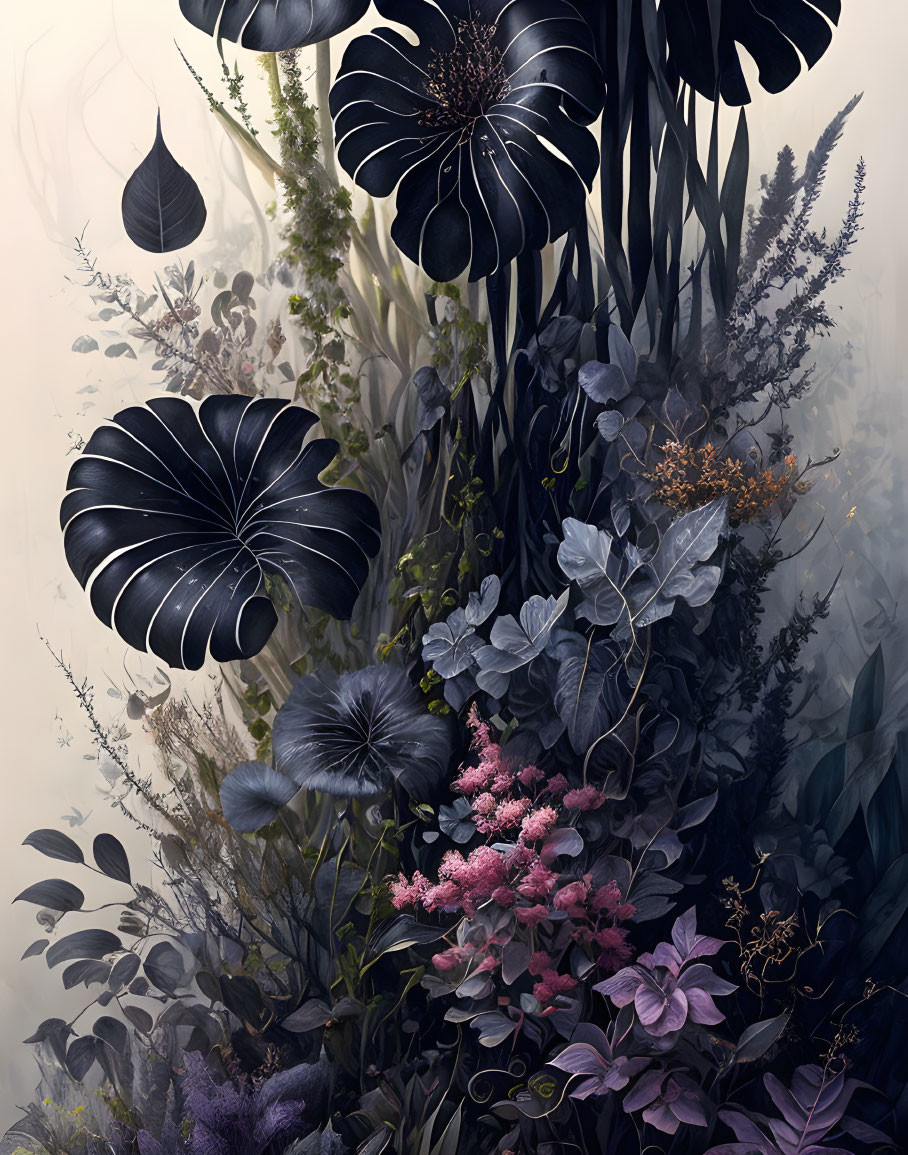 Botanical illustration with dark, moody flowers and leaves in black, purple, and pink