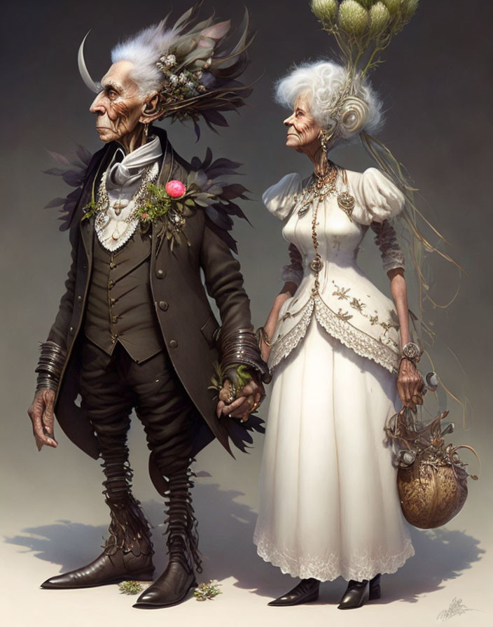 Ethereal elderly fantasy couple with pointed ears holding hands