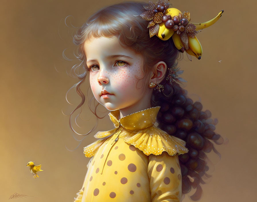 Freckled girl with fruit-adorned hair in yellow dress gazes at flying bird