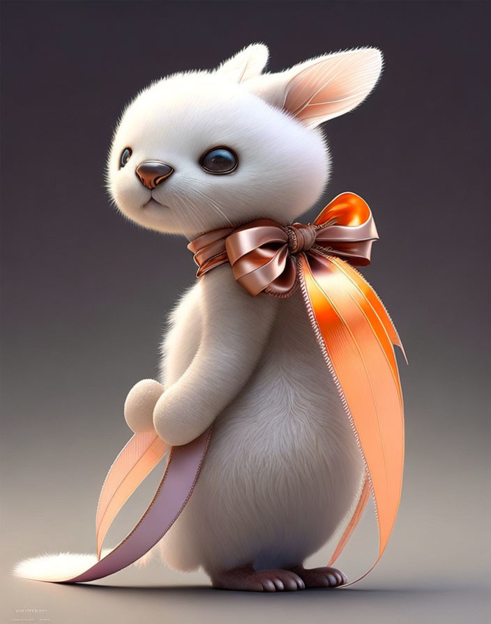 Stylized white fluffy animal with big eyes and ribbon.