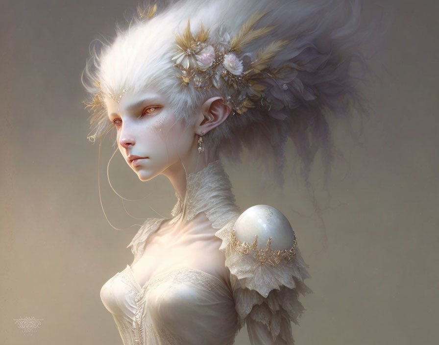 Ethereal fantasy portrait with white hair and floral adornments