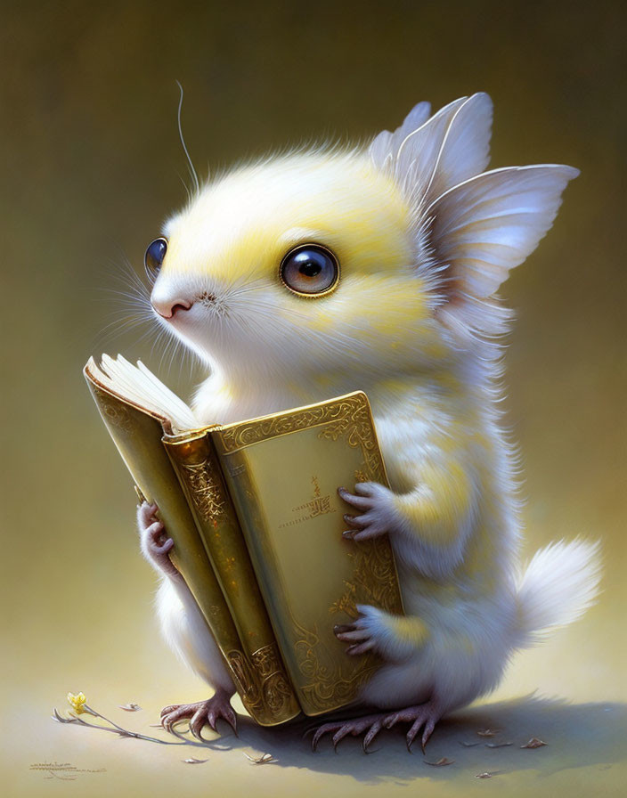 Fluffy white creature reading ornate golden book