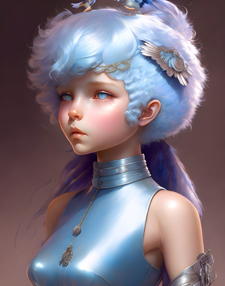 Blue-haired girl in metallic outfit with feathered accessories