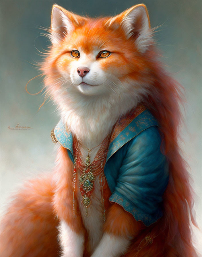 Elegant anthropomorphic fox in blue and gold attire gazes thoughtfully