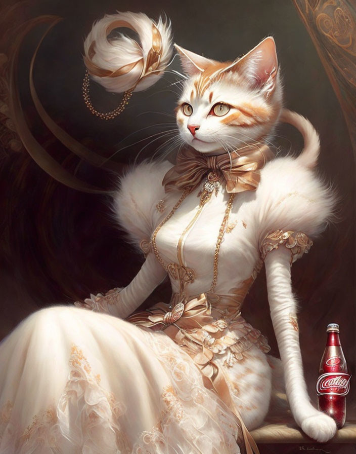 Anthropomorphic elegant cat in Victorian dress with parasol and Coca-Cola bottle.