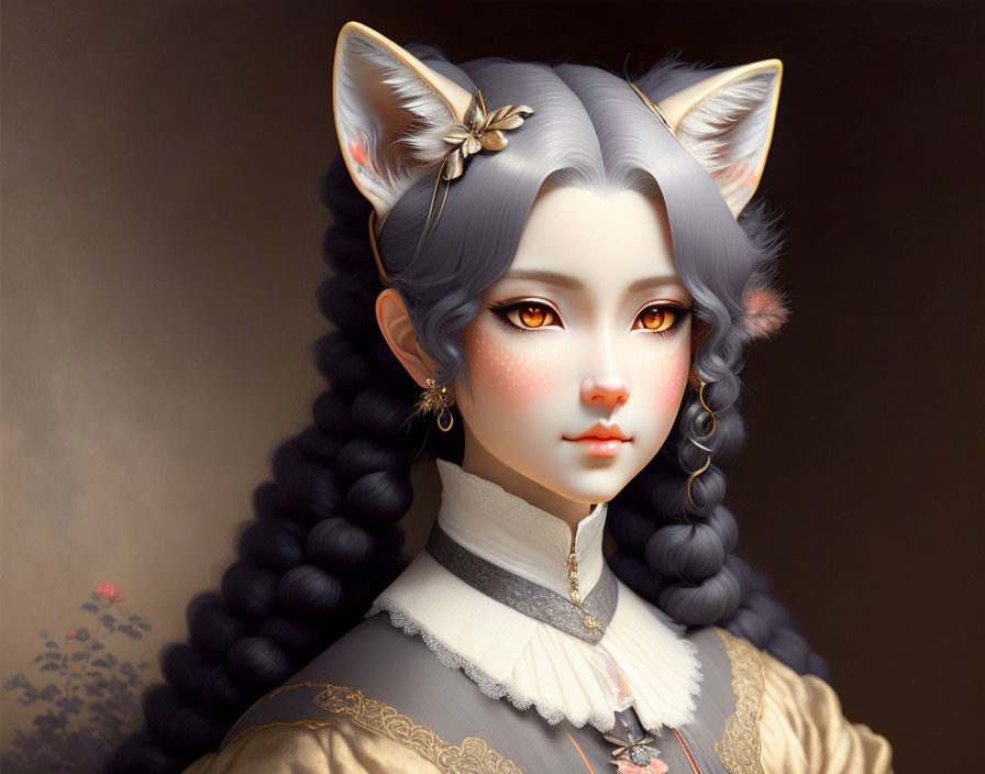 Female character with fox-like ears in traditional attire on a soft brown background