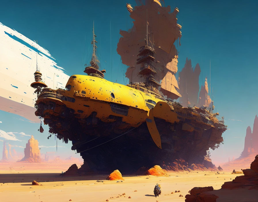 Gigantic yellow airship on rocky desert landscape