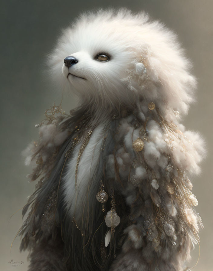 Regal fluffy white anthropomorphic creature with delicate jewelry