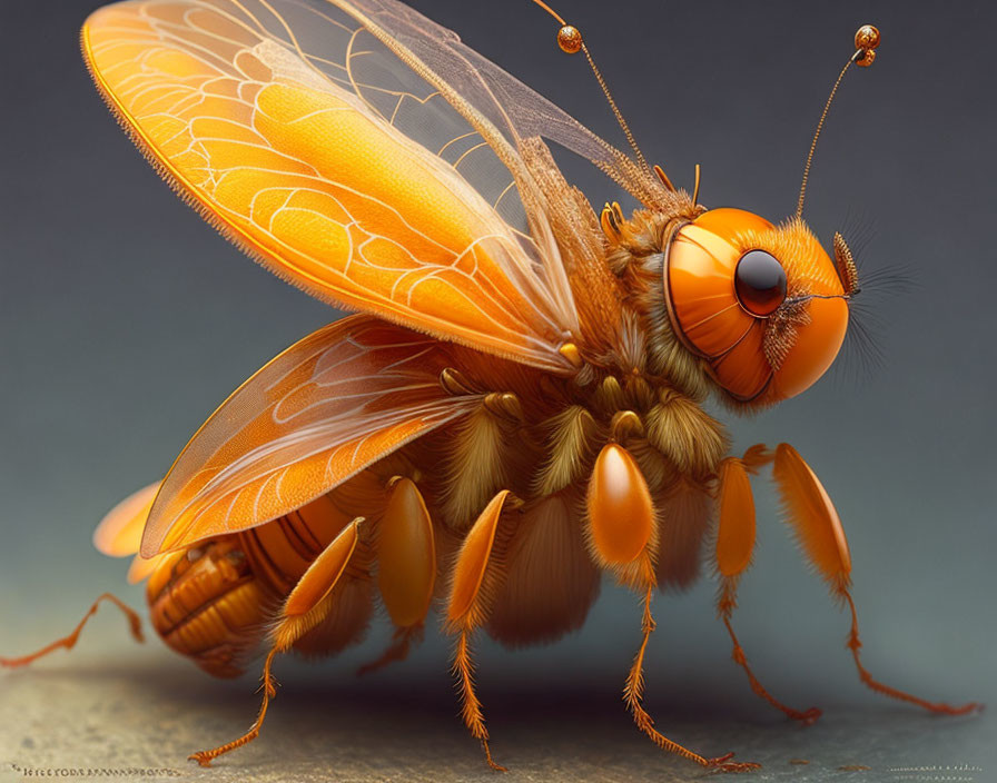 Detailed Close-Up Illustration of Orange Fly Wings and Eyes