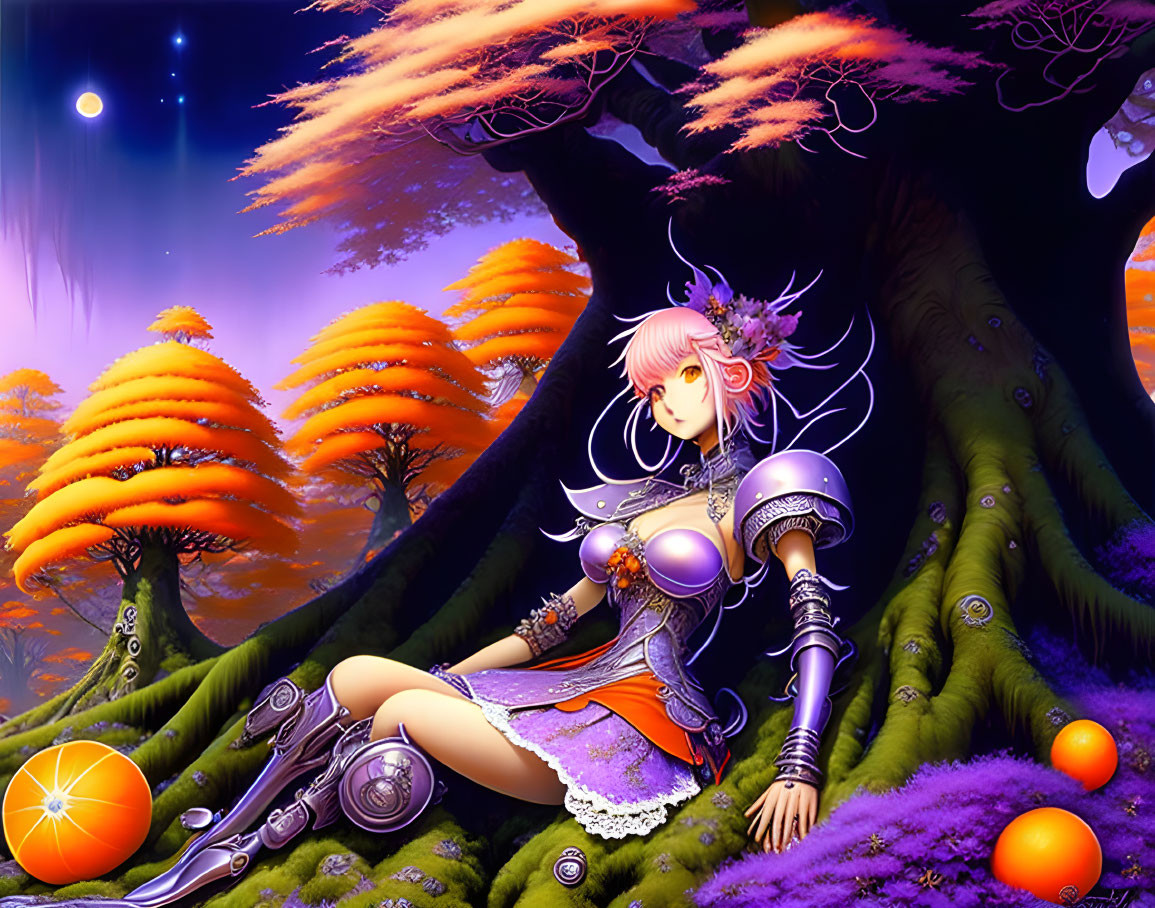 Fantasy Armor Female Character in Anime Style Sitting Under Vibrant Tree