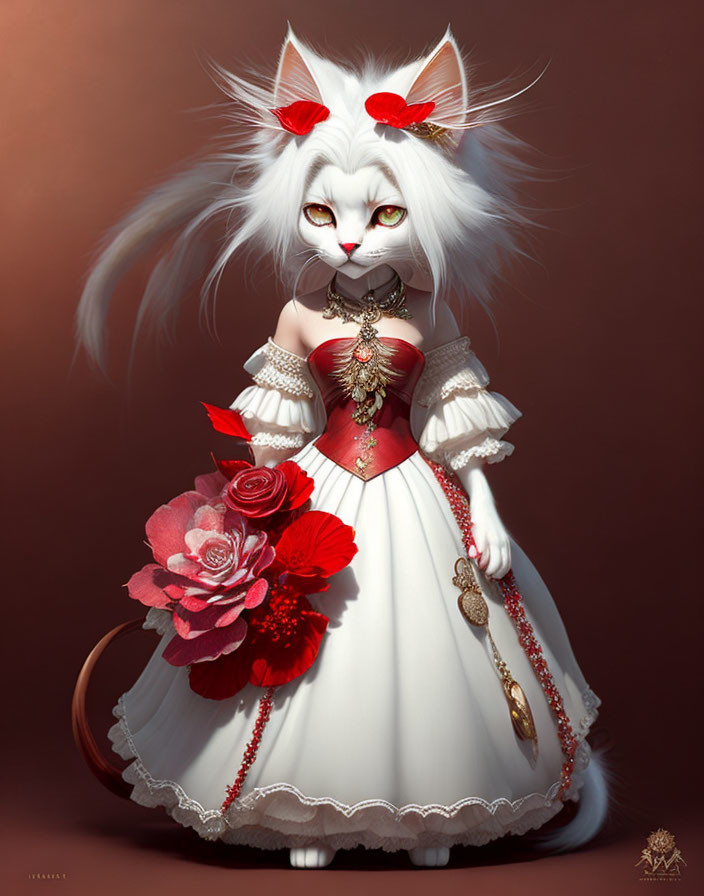 Anthropomorphic white cat character in red and white attire on brown background