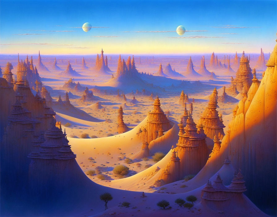 Majestic desert landscape with towering spires, dunes, and dual moons