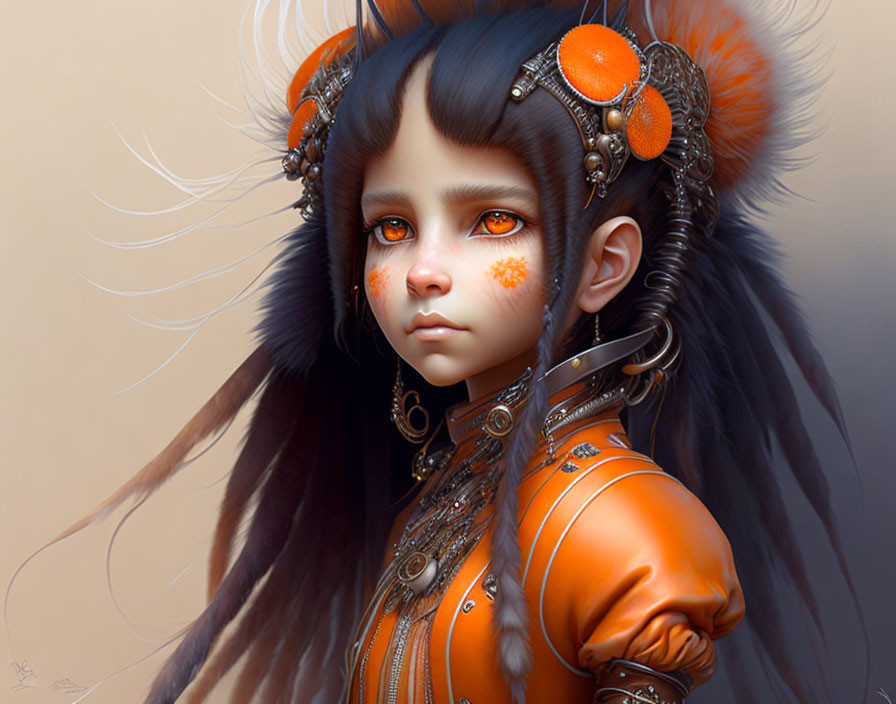 Child with orange makeup, brown eyes, black hair, tribal ear ornaments