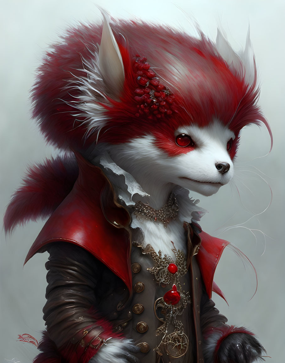 Detailed Anthropomorphic Red Panda Illustration in Fancy Red & Brown Jacket