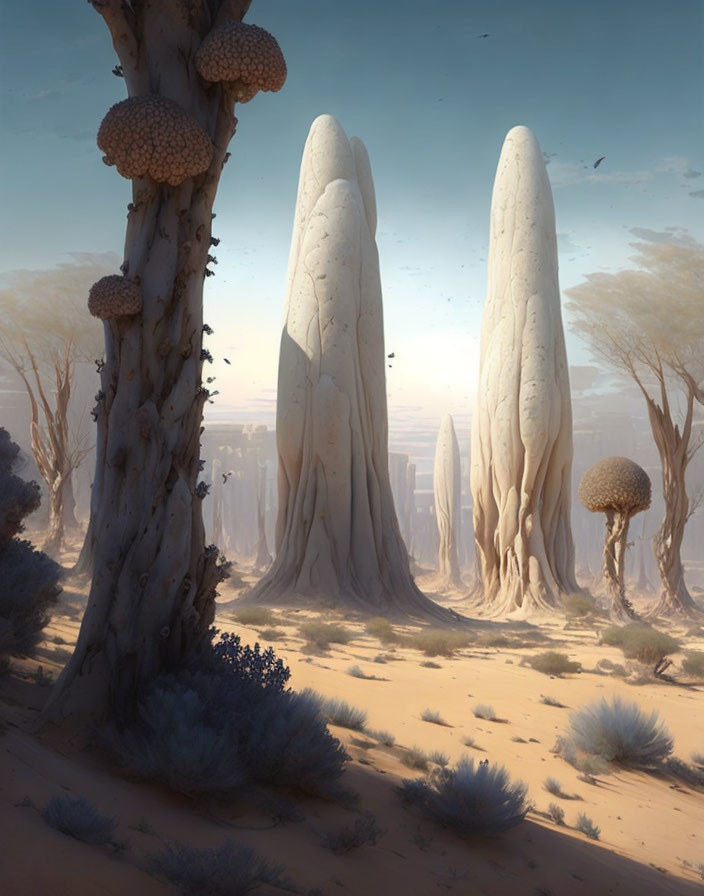 Barren desert landscape with tall tree-like structures and mushroom-shaped trees under a hazy sky