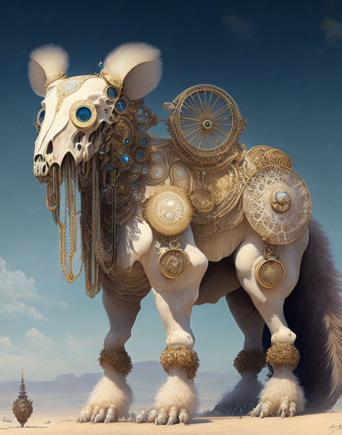 Fantasy lion with gold gears and blue gemstones under clear sky