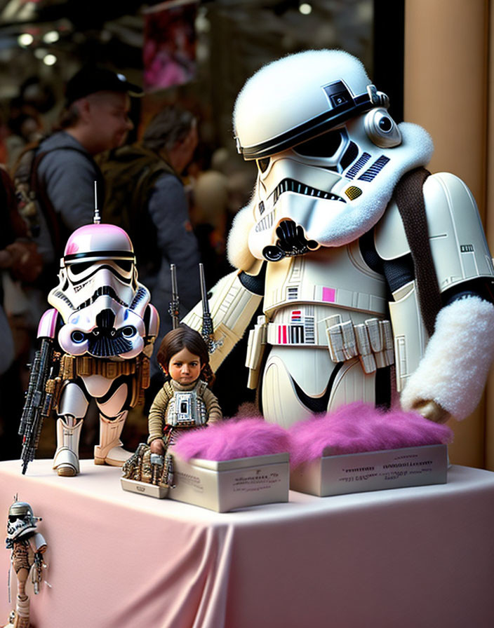 Three Stormtrooper Figures Displayed with Plush Toy Amid Crowd