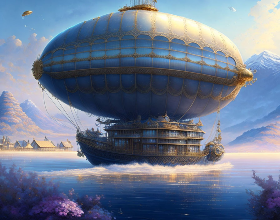 Fantastical airship over calm waters with mountains and village