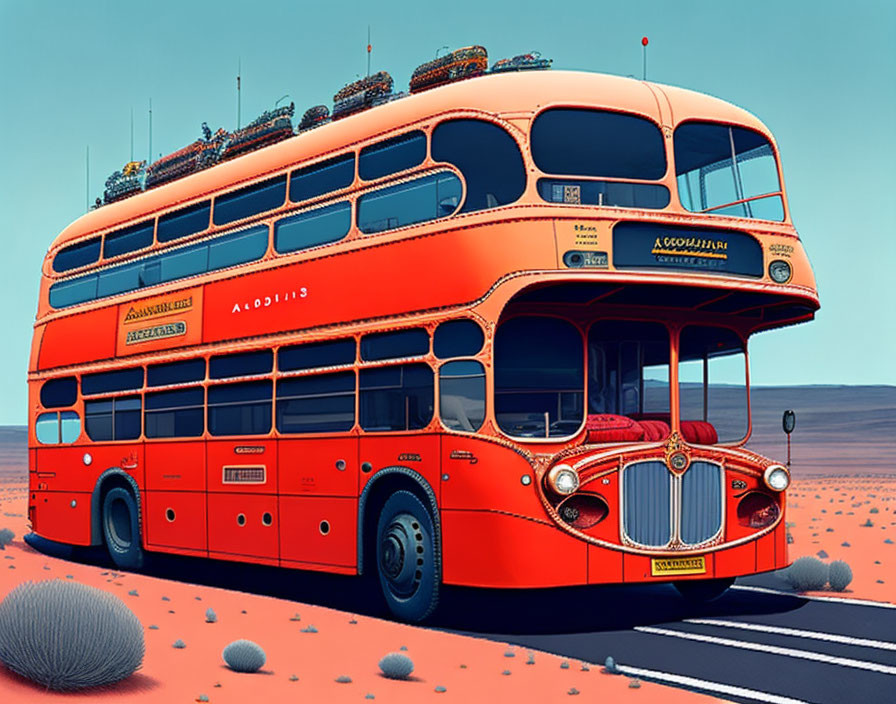 Illustration: Red double-decker bus with exaggerated features in desert landscape