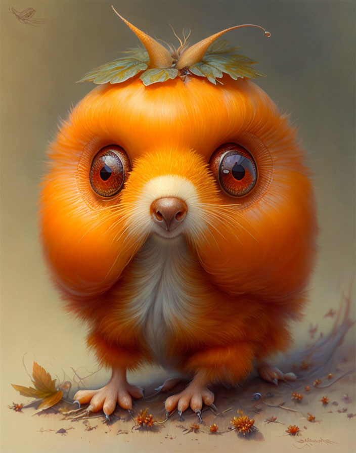 Whimsical fluffy orange creature with expressive eyes and pumpkin stem.