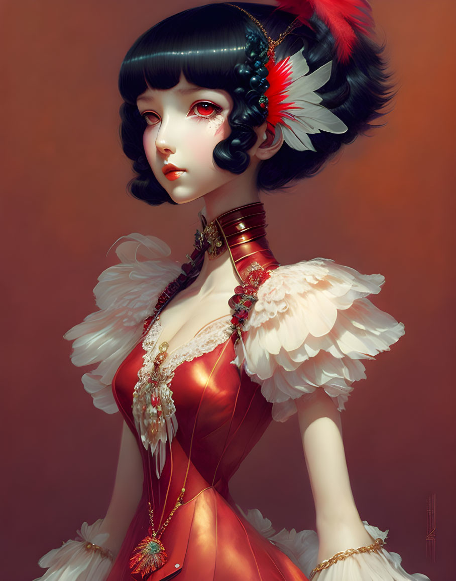 Fantastical woman illustration: pale skin, black hair, red & white attire, gold choker