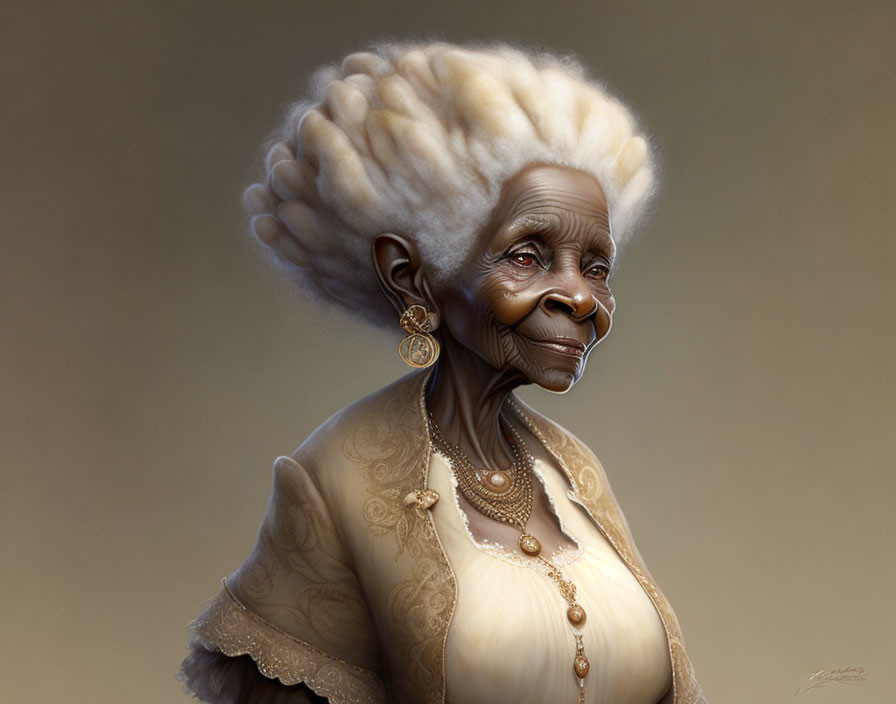 Elderly woman with bouffant white hair, gold jewelry, and cream lace dress smiling gently