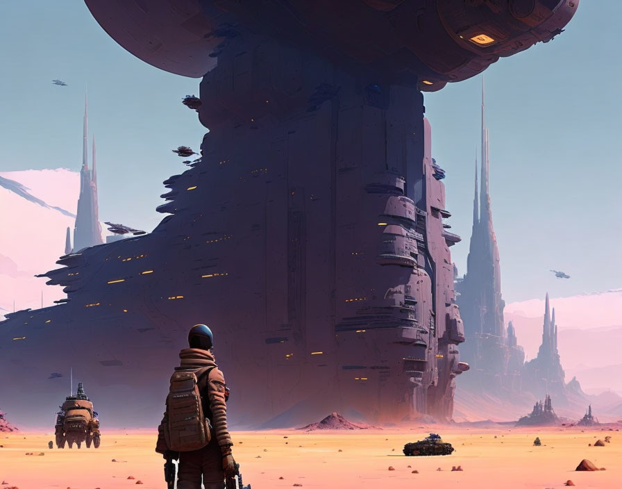 Lone figure in desolate landscape gazes at futuristic spaceship and alien structures.